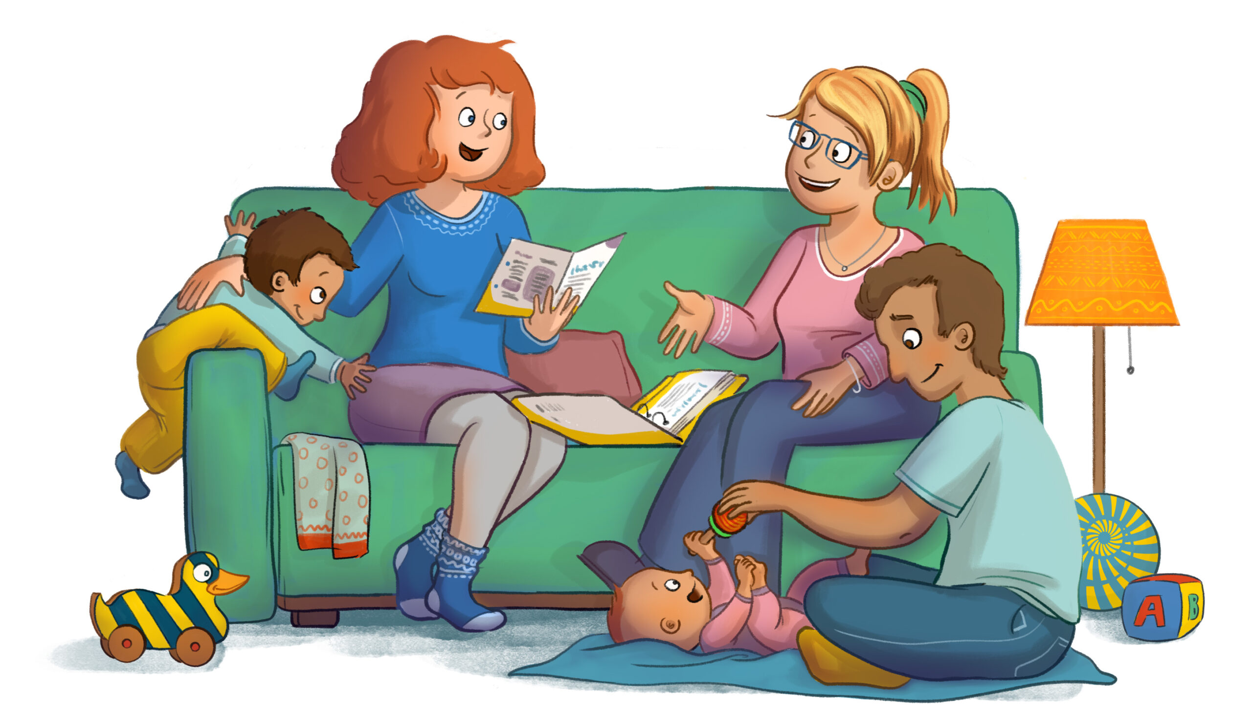 Illustration einer Familie mit zwie Kindern und der Familienpatin auf dem Sofa