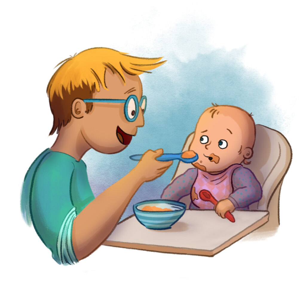 Illustration eines Babys welches vom Vater Essen gereicht bekommt
