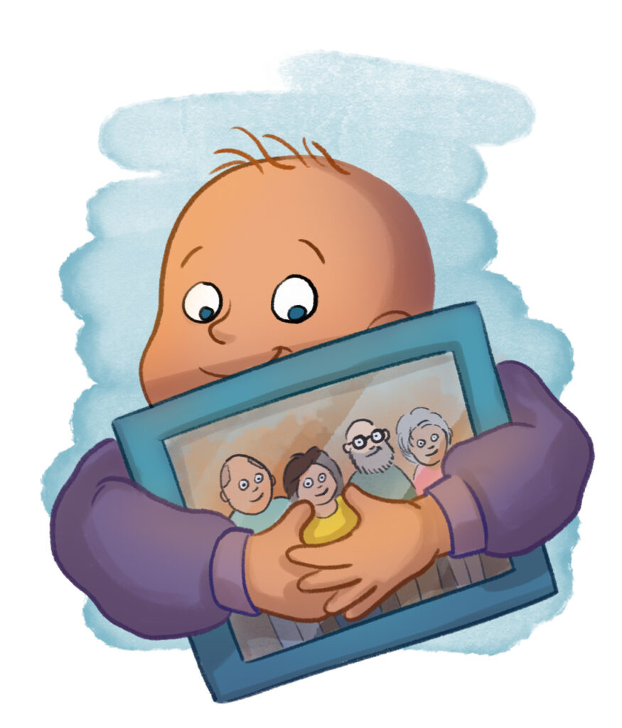 Illustration eines Kindes welches ein Familienfoto in den Händen hält