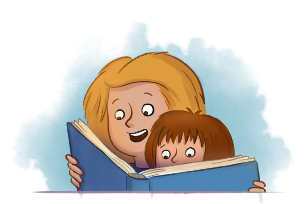 Illustration einer Mutter und Kind die gemeinsam ein Buch anschauen