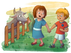 Illustration zweier Kinder die eine Ziege füttern