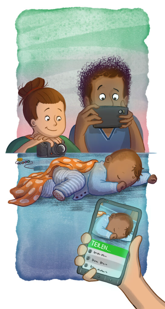 Illustration eines schlafenden Kindes und Eltern, die das Kind fotografieren