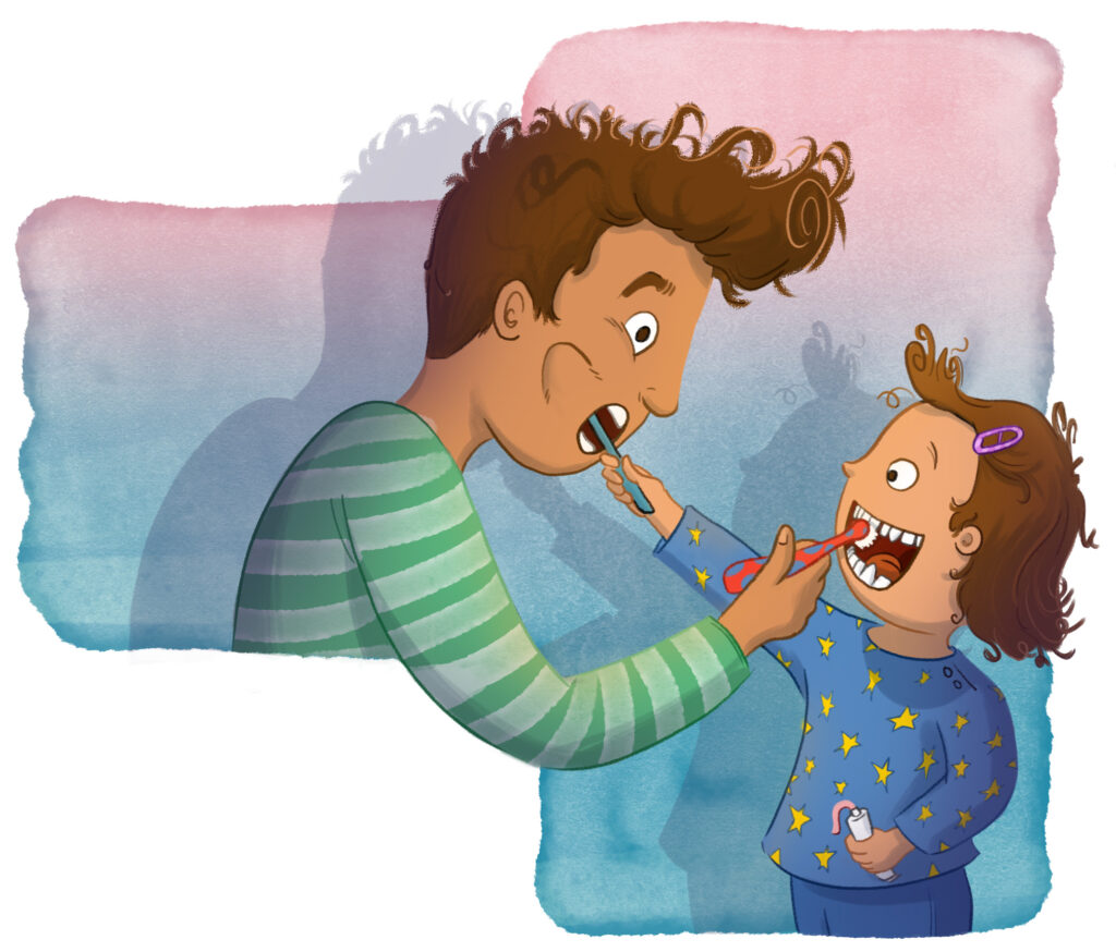 Illustration Vater und Kind, die sich gegenseitig die Zähne putzen
