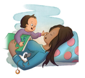 Illustration einer schlafenden Mutter und wachem Kind