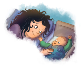 Illustration einer Mutter und Baby im Bett