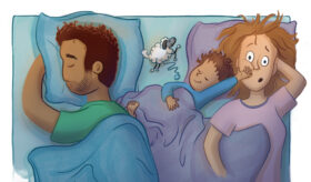 Illustration einer Schlafenden Familie im Bett