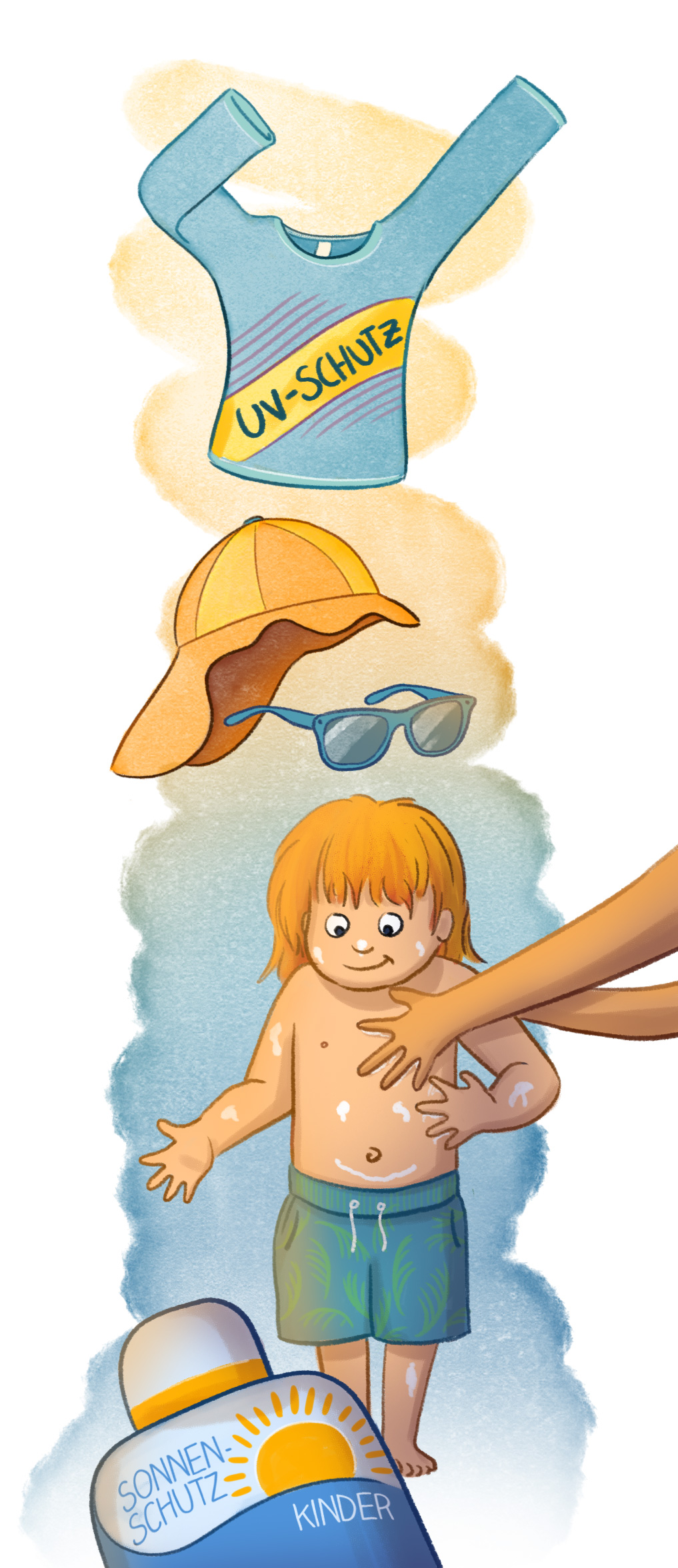 Illustration eines Kindes mit Kleidung zum Schutz vor der Sonne
