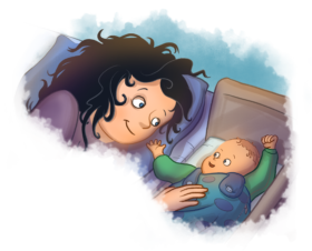 Illustration Mutter mit Baby im Bett