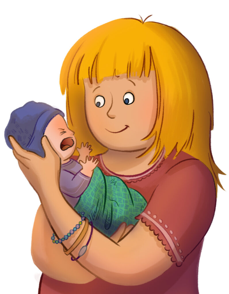 Illustration einer Mutter, die ihr weinendes Baby auf dem Arm hält 