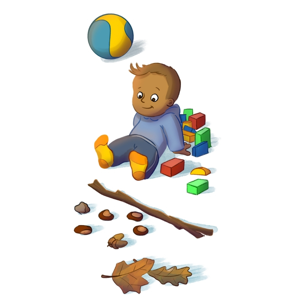 Illustration eines Kindes mit Spielzeug und Gesammeltem aus der Natur wie Kastanien