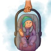 Illustrationen eines Babys in einer Babyschale