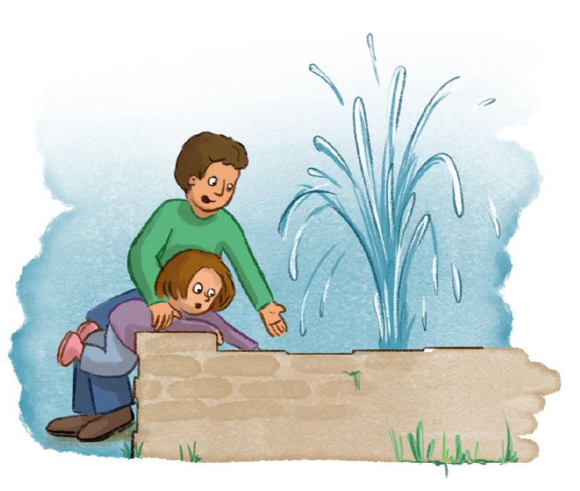 Illustration Vater und Kind sitzen an einem Brunnen