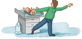 Illustration eines Vaters und einem Baby auf dem Wickeltisch