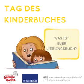 Social-Media-Kachel zum Tag des Kinderbuches + Illustration einer Mutter, die ihrem Kind vorliest