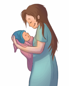 Mutter mit Baby im Arm. Beide sehen zufrieden aus.